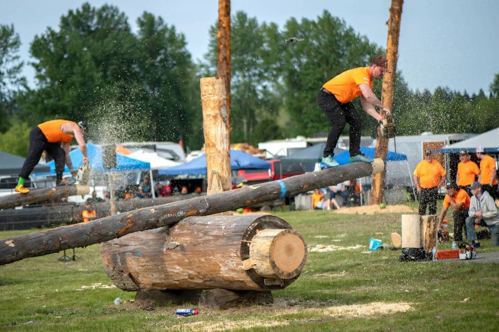 Sequim Gazette photo by Monica Berkseth 
The Sequim Logging Show featured action-packed chainsawing, chopping, climbing and more on May 9. It went May 8-9 with truck and tractor pulls, a Loggers Ball and fireworks.