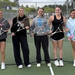 Photo courtesy Andrea Dietzman 
Competing for Sequim at the Olympic League meet last weekend in Poulsbo were, from left, Sydney Thomas-Harris, Calleigh Thompson, Abby Brown and Sasha Yada (doubles) and Tiffany Lam. Both Lam (second place) and Thompson (sixth) advance to the West Central District tournament May 15-16 in Bremerton.