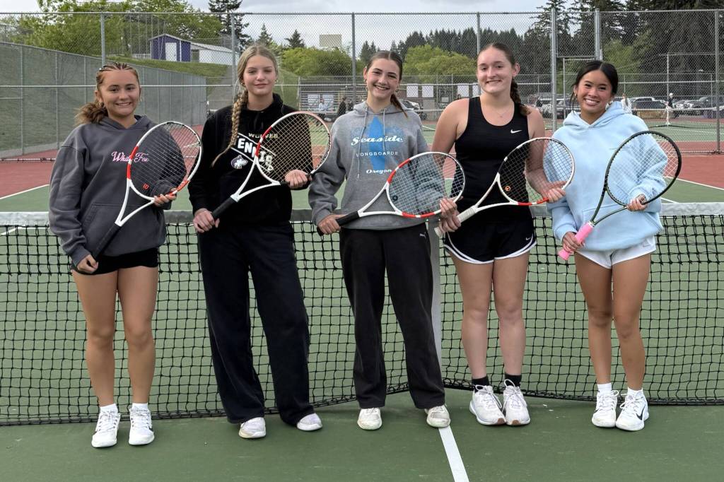 Photo courtesy Andrea Dietzman 
Competing for Sequim at the Olympic League meet last weekend in Poulsbo were, from left, Sydney Thomas-Harris, Calleigh Thompson, Abby Brown and Sasha Yada (doubles) and Tiffany Lam. Both Lam (second place) and Thompson (sixth) advance to the West Central District tournament May 15-16 in Bremerton.