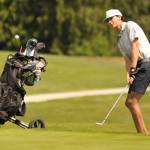 Sequim Gazette photo by Matthew Nash/ Port Angeles Noah Myers hits to the green on hole No. 12 at the Class 2A West Central District Championship on Tuesday, May 12 at The Cedars at Dungeness Golf Course.