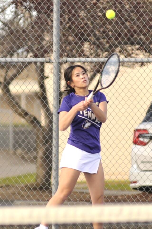 Sequim Gazette file photo by Matthew Nash/ Tiffany Lam, pictured earlier this season, defeated Miya Sakumoto of Washington and went to the wire with Riley Devore of Franklin Pierce in the West Central District 2A tennis tournament last week. Lam split sets with Devore before losing 10-8 in a 10-point super tiebreaker.