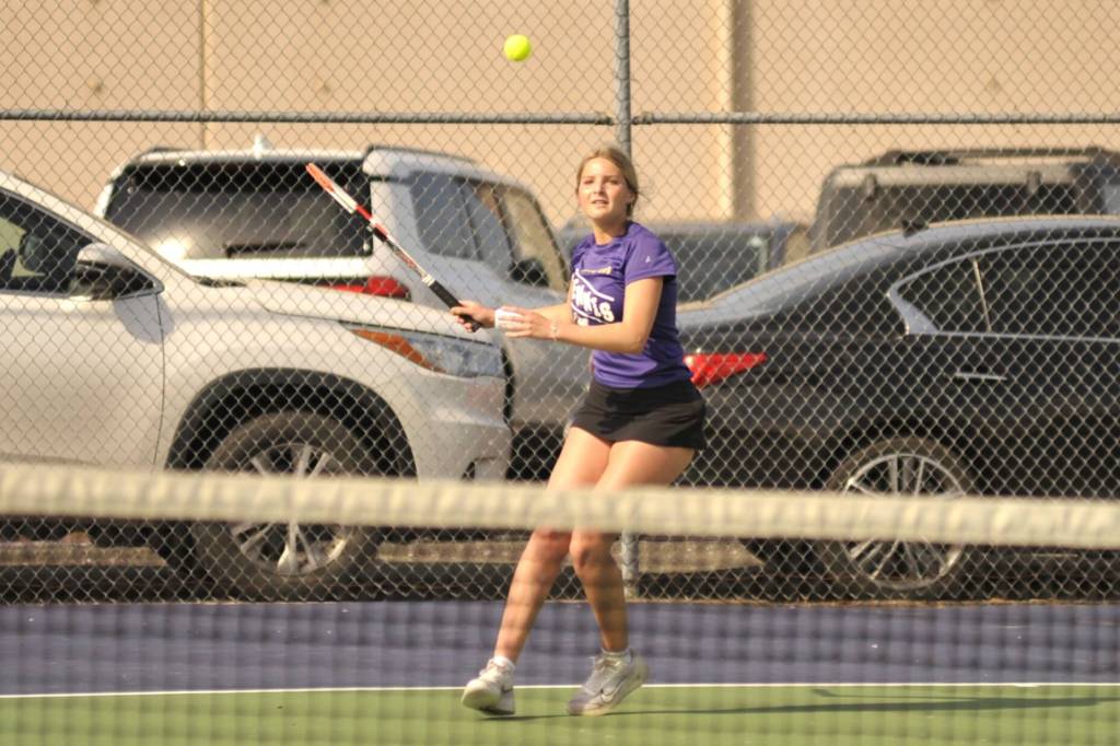 Sequim Gazette file photo by Matthew Nash/ Calleigh Thompson, pictured earlier this season, placed second in the West Central District 2A singles tournament last week to earn the districts No. 2 seed at the state tournament set for May 22-23 in Seattles Nordstrom Tennis Center.