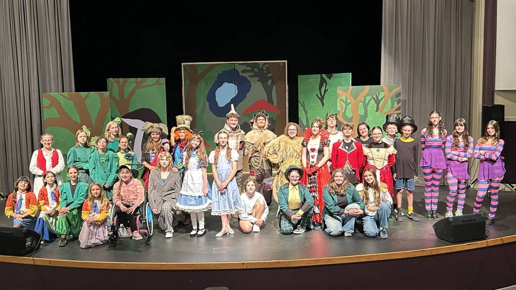 Sequim Gazette photos by Matthew Nash
The cast of Dorothy in Wonderland through Olympic Peninsula Academy hosts three shows this weekend at Sequim High School Auditorium. Showtimes are 7 p.m. Friday-Saturday, May 29-30, and 1:30 p.m. May 30. The play Stone in the Road runs before the first two shows, and Dorothy in Wonderland actors present a Gag Reel at the final performance.
