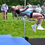 Photo by Liv Thompson/ Sequim girls took the top three in the high jump with Emme Henrikson, pictured, taking first, Hadley Wolslegel second, and Aleah Daniels third. They all jumped 4-8.
