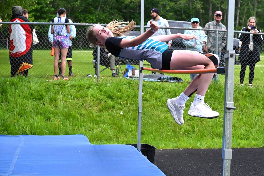 Photo by Liv Thompson/ Sequim girls took the top three in the high jump with Emme Henrikson, pictured, taking first, Hadley Wolslegel second, and Aleah Daniels third. They all jumped 4-8.