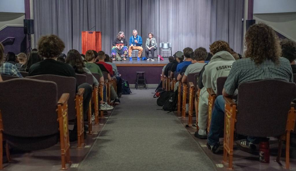 Photo by Emily Matthiessen/ Washington State Supreme Court Justice Steven C. González, in center, his senior law clerk Laura Anglin, on left, and Justice Sheryl Gordon McCloud, answer a question given by a Sequim High School student last week. They were asked about a range of topics, including womens reproductive rights, LGBTQ+ rights, the gas tax, the death penalty, and much more.