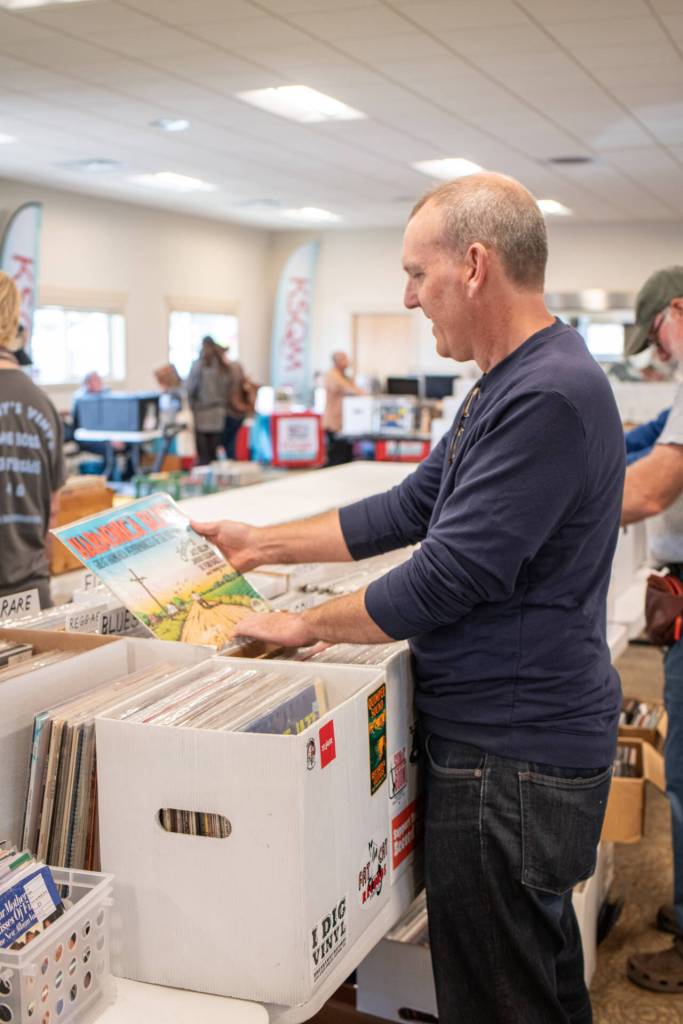 Sequim Gazette photo by Monica Berkseth/ Tom Furtwangler of Seattle visited the Sequim Record Show while on a Dungeness camping trip. Two great things in one weekend  camping and records! he said.
