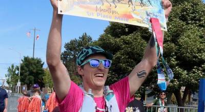 Dave Logan/for Olympic Peninsula News Group/
The mens winner of the North Olympic Discovery Marathon Alexander Roederer of Seattle celebrates his victory at the finish line.