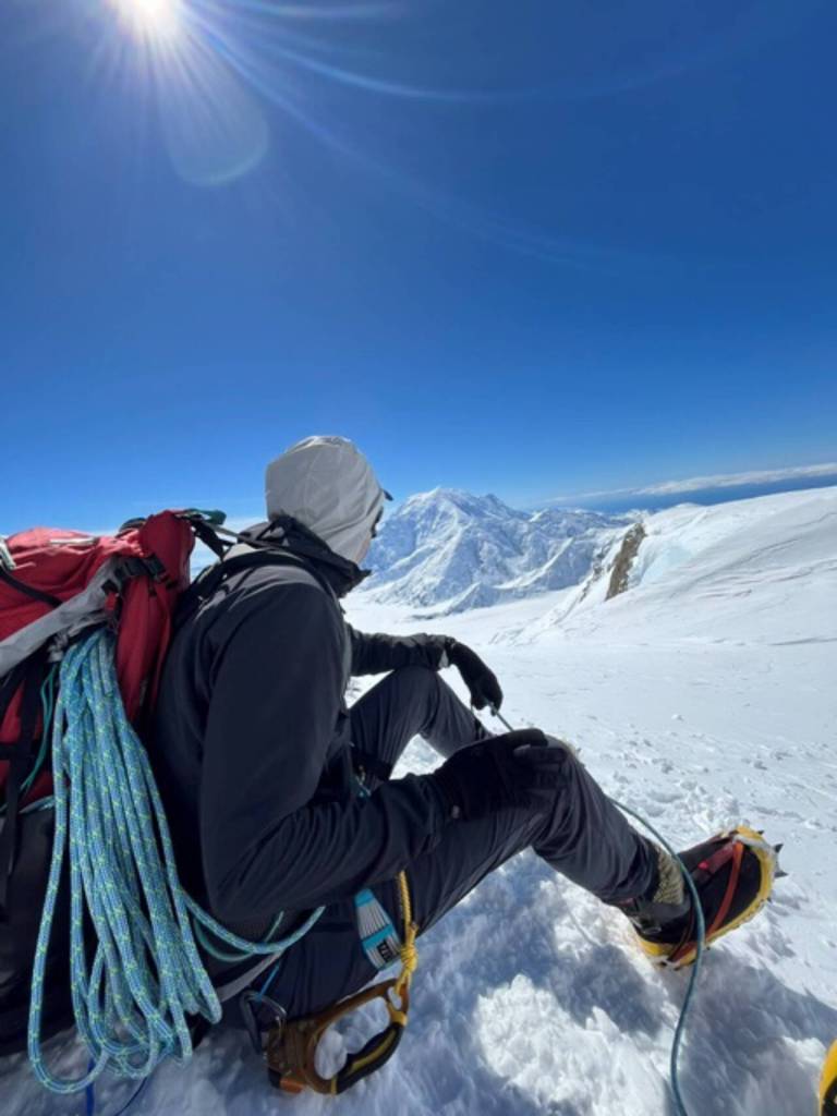 Balkan takes a break at West Buttress Ridge at about 16,000 feet.