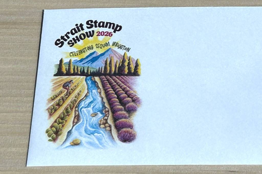 Sequim Gazette photo by Matthew Nash/ Theresa Cummins design for the Strait Stamp Shows cancellation celebrates Sequims irrigation history. It will be for sale at the Strait Stamp Show on Aug. 8 in the Guy Cole Event Center.