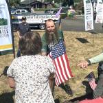 Sequim Gazette photos by Matthew Nash
Patrick Smith of Florida greets local supporters of his Warrior Bike ride on Aug. 3. Hes gone along the Great American Rail-Trail starting in Washington, D.C. and was set to finish on Aug. 4 in La Push.