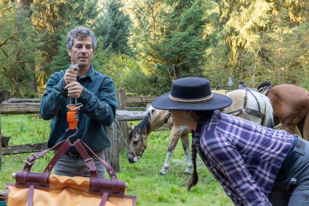 Sequim Gazette photos by Tom Buscher 
Volunteer packers Matthew Tuller, left, and Rachael Taylor-Tuller weigh gear at the Hoh River Trail stock corral on Aug. 5 before loading the pack animals. Equipment is balanced by weight on either side of a pack saddle to keep the load stable on the trail.